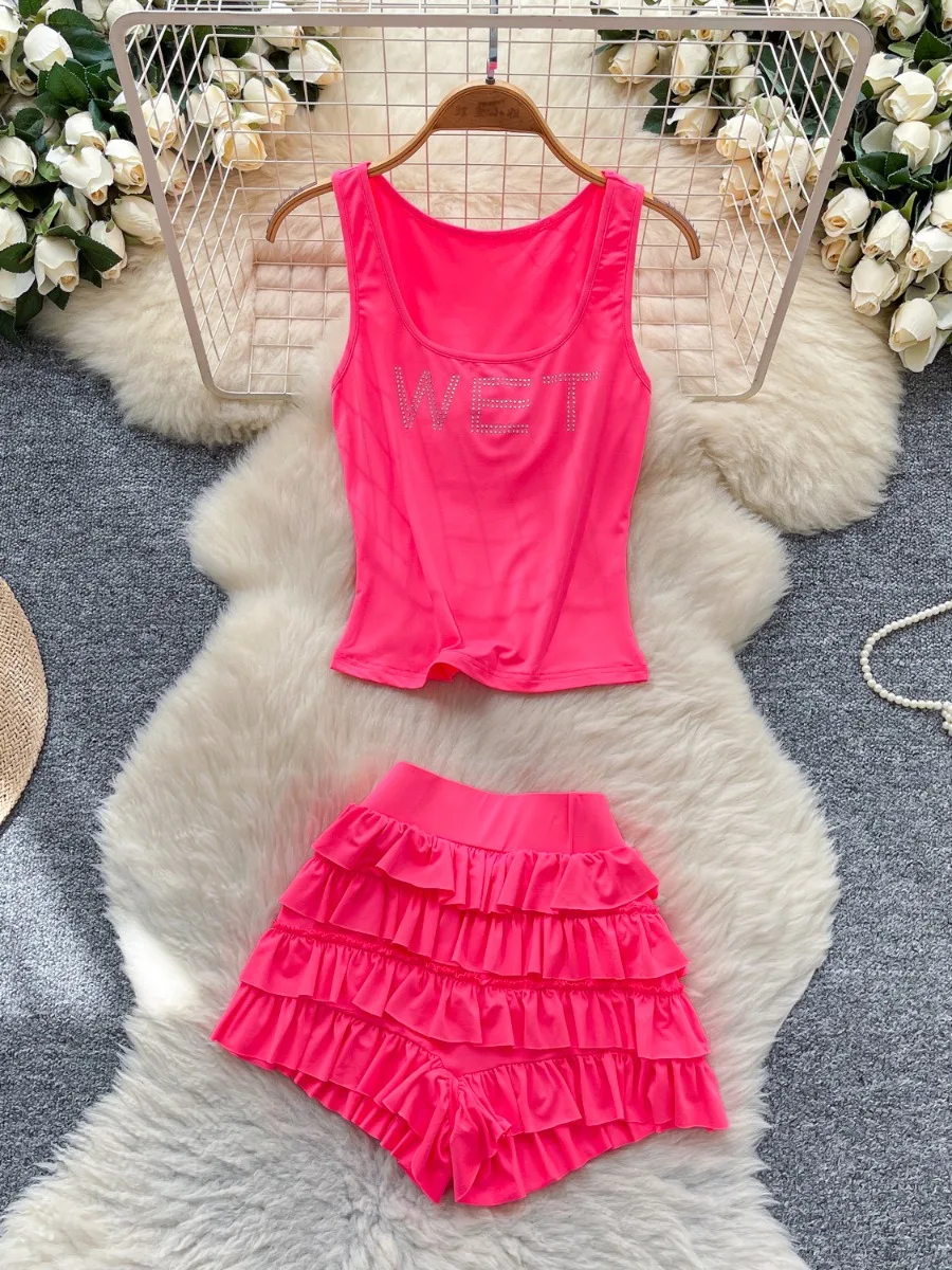 

Foamlina Summer high street Rhinestone Sleeveless Vest + High Waist Ruffle Shorts Set Y2k sweet Girl Petite Outfit Trendy