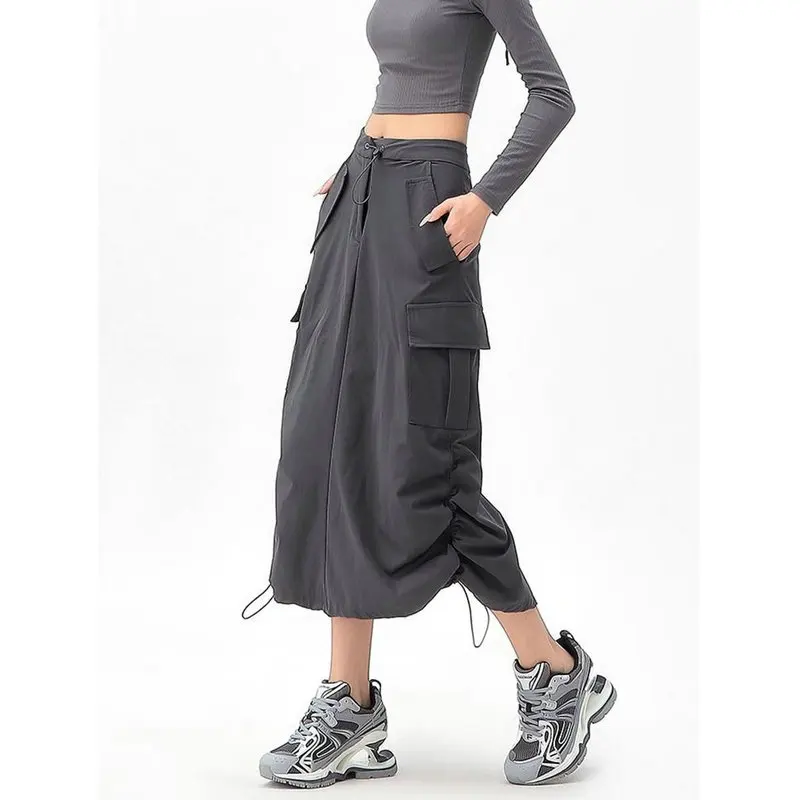 

Корейские модные юбки-миди для женщин, винтажная одежда, юбки-карго, женская летняя длинная юбка-карго, черная уличная одежда Y2k