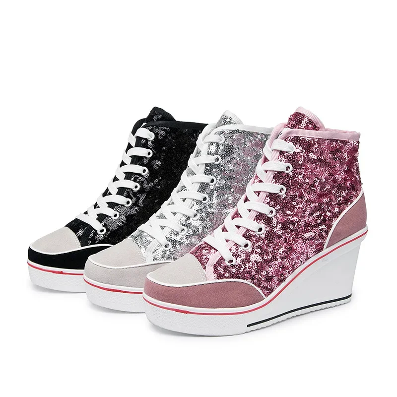 High Top Women Height Increasing Wedges Lace Up Shoes Flats Casual Ankle High Top Sliver Canvas Shoes Glitter Sequins Plue Size