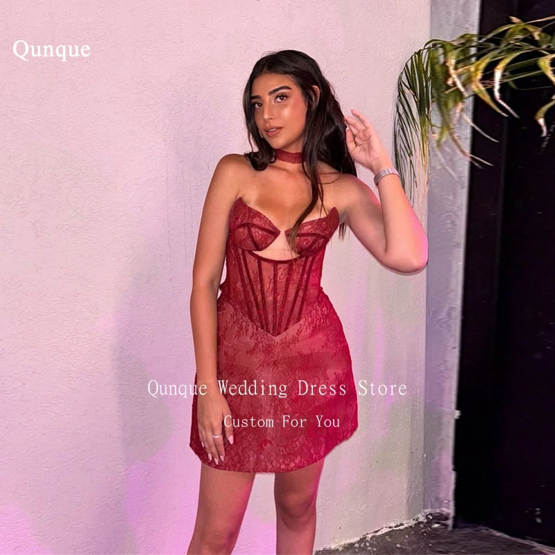 

Qunque Sexy Sweetheart Mini Evening Sresses Burgundy Lace Sleeveless Party Dresses Corset Back Special Occasion Dress Customized