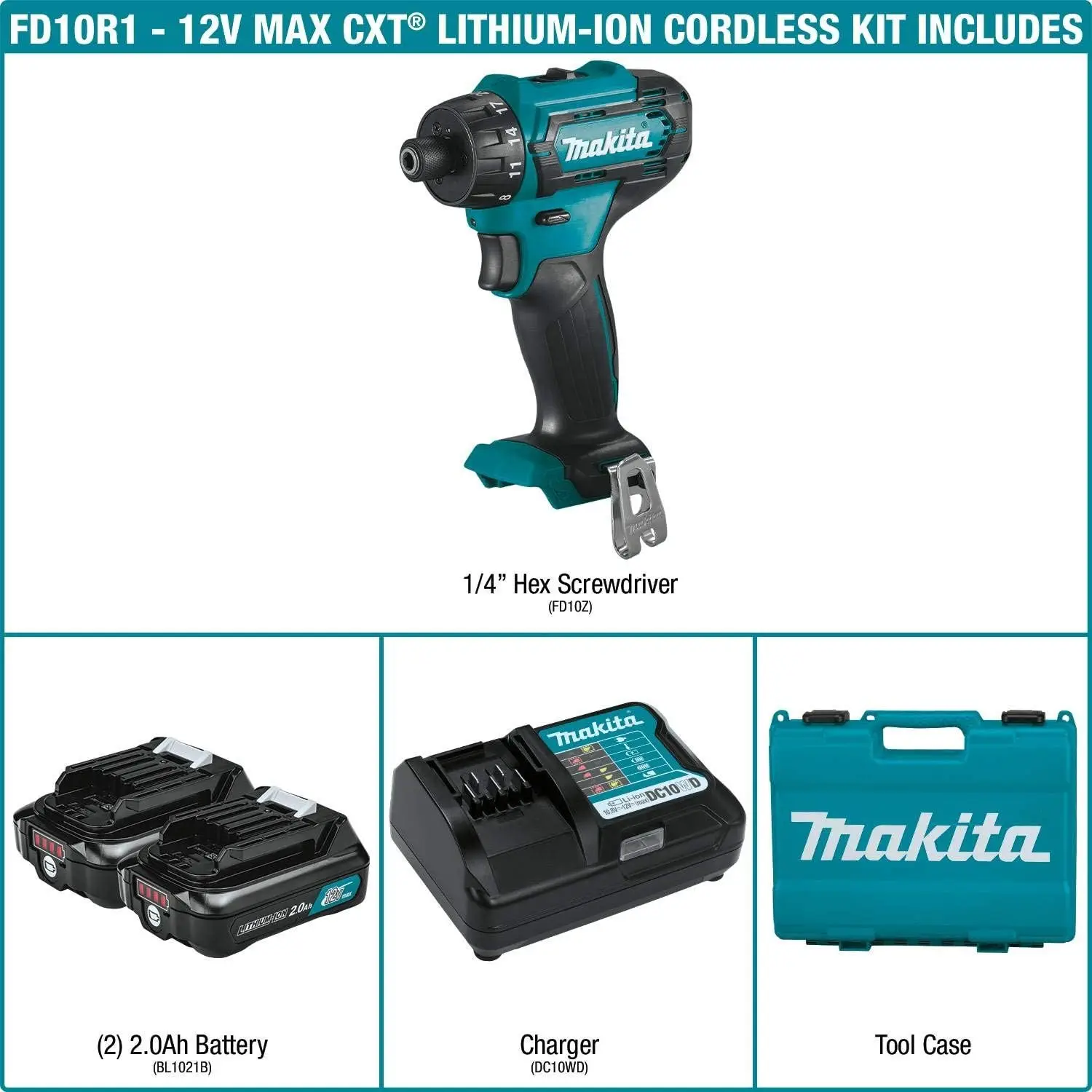 FD10R1 12V máx. CXT ®   Kit de taladro conductor hexagonal inalámbrico de iones de litio de 1/4" (2,0 Ah)