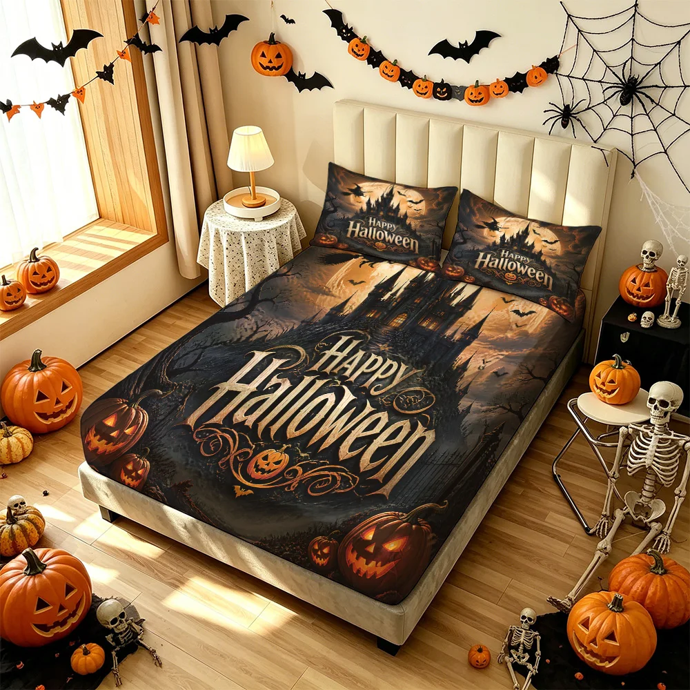 3PCS Halloween Witch Castle Pumpkin Bat Duvet Cover Set 1 Duvet Cover 2 Pillowcases Soft Washable For Bedroom Festival Home D