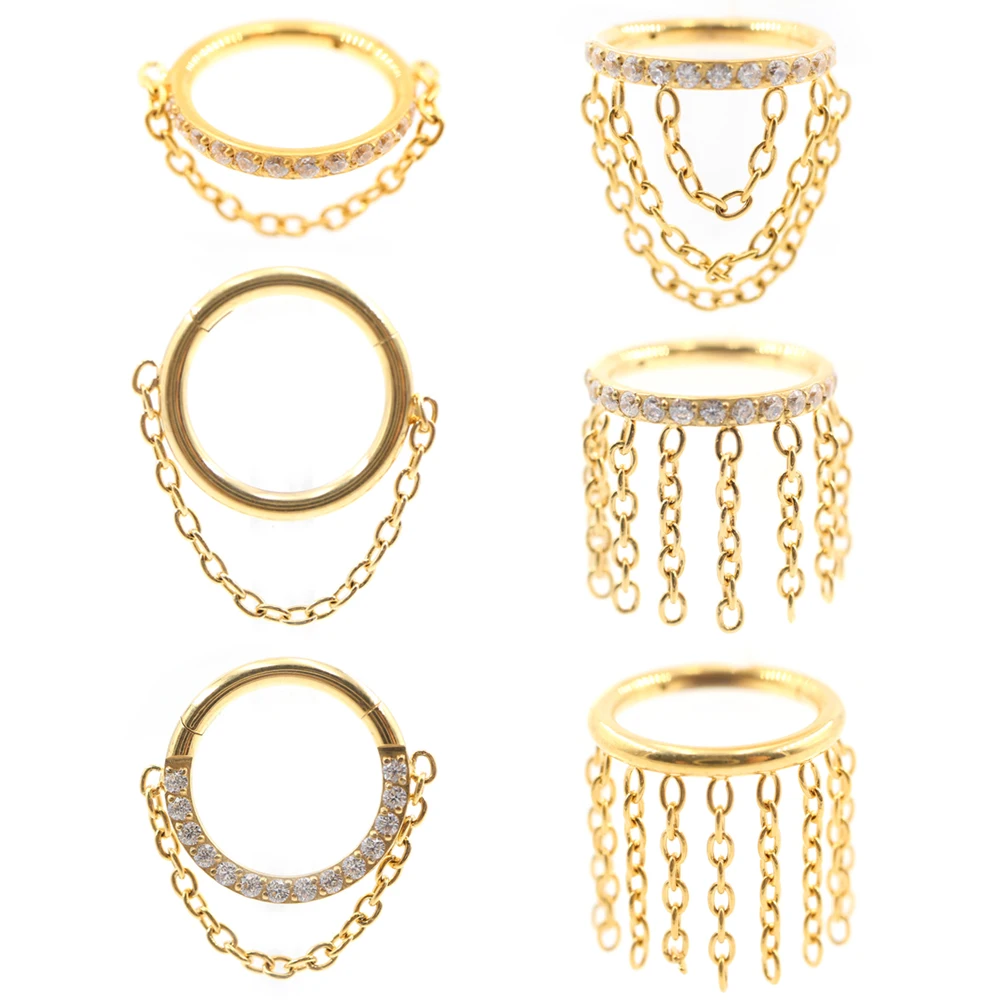 1PC G23 Titanium Zircon CZ Chain Pendant Nose Ring Daith Ear Captive Tragus Cartilage Helix Hoop Earrings Piercing Body Jewelry