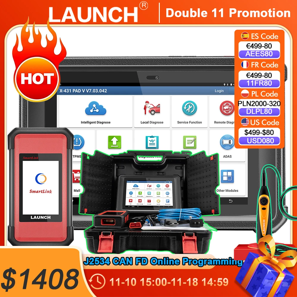 LAUNCH X431 PAD V Elite Full System Car Diagnostic Tools J2534 CAN FD Online Programming Coding active tester Auto OBD2 Scanner