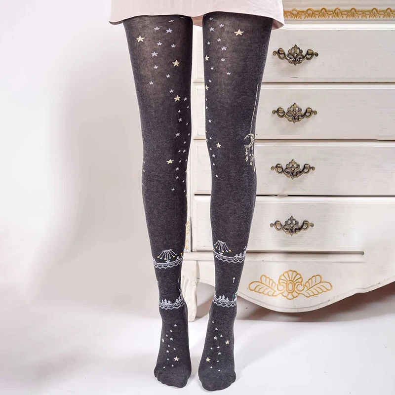 Women Autumn Winter Pantyhose Chic Tattoo Tights Socks Moon Stars Printed Pantyhose JK Lolita Stockings Pants Breathable