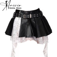 Women's Black Gothic Spliced Lace Edge A-line Mini Skirt Y2K Harajuku 2000s Style Academy Retro Cute Short Skirt Clothing 2024