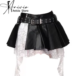 Women's Black Gothic Spliced Lace Edge A-line Mini Skirt Y2K Harajuku 2000s Style Academy Retro Cute Short Skirt Clothing 2024