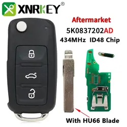 XNRKEY  Flip Remote Car Key ID48 433Mhz for VW Volkswagen Beetle Caddy Eos Golf Jetta Polo Scirocco Tiguan Touran 5K0837202AD