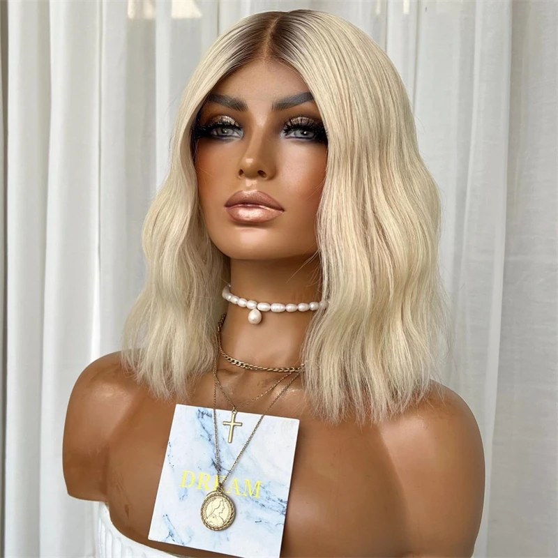 13x4 أومبير شقراء جليدية قصيرة موجة بوب HD شفافة الدانتيل الجبهة الباروكات شعر بشري أشقر بوب شعر مستعار مع جذور داكنة 180% الكثافة 14'' #2