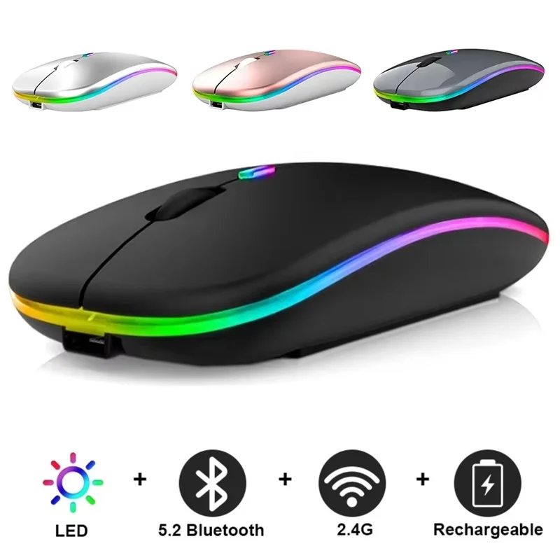 Wireless Mouse 2.4GHz Bluetooth Rechargeable Mouse Quiet Ergonomic Gaming Mouse With LED Backlight 1600DPI Mouse For PC Laptops