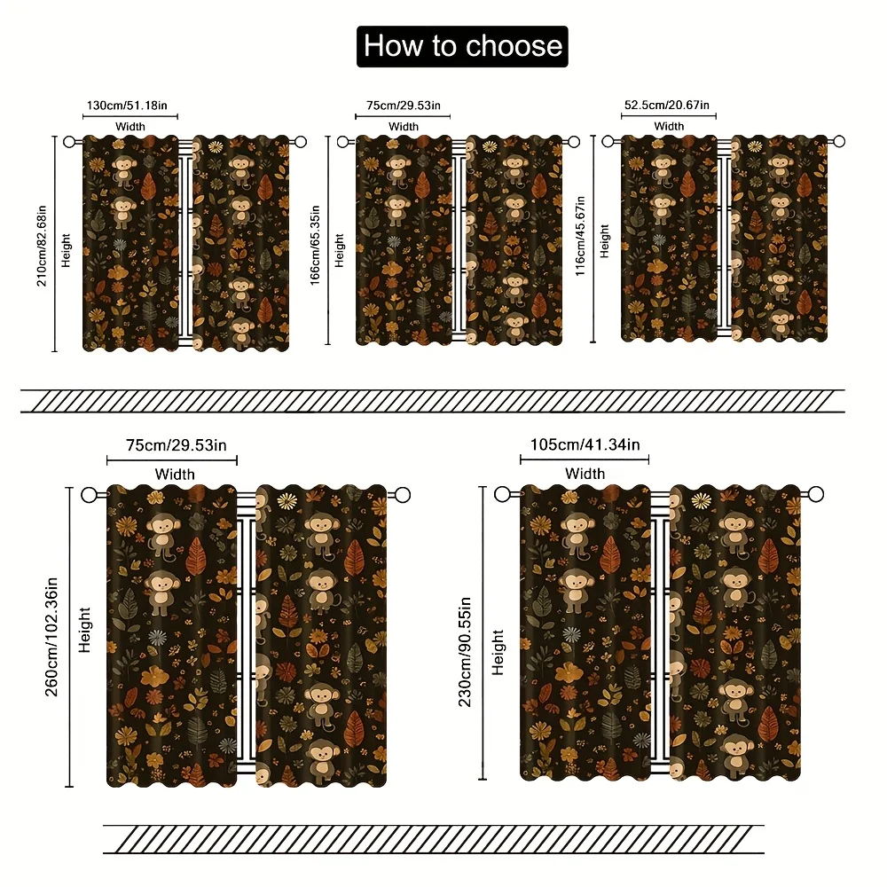 Cartoon monkey and flower curtains, pole-mounted installation. Suitable for living rooms, bedrooms, dining rooms and hotels.