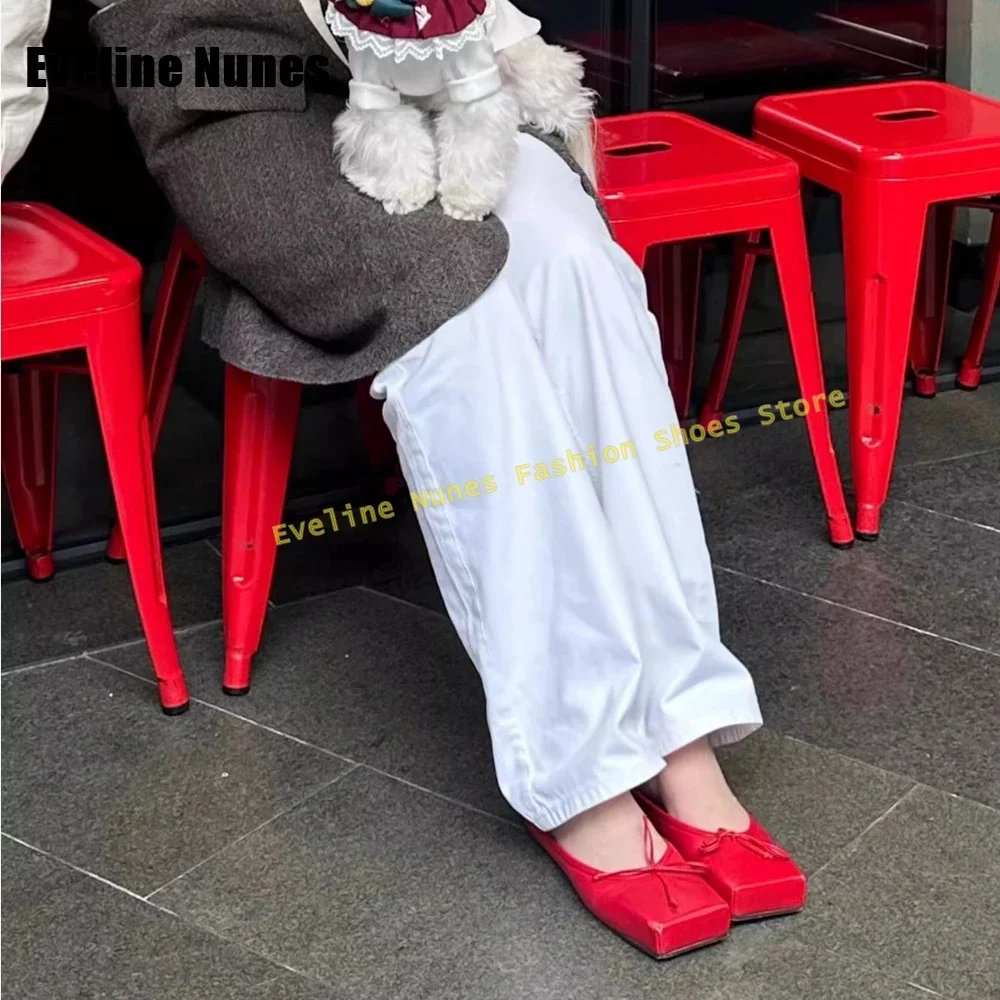 Red Bowknot Shallow Slip-On Pumps Square Toe Low Heel Side Air Solid Casual Women Slippers 2025 Spring Summer Retro Mules Trend