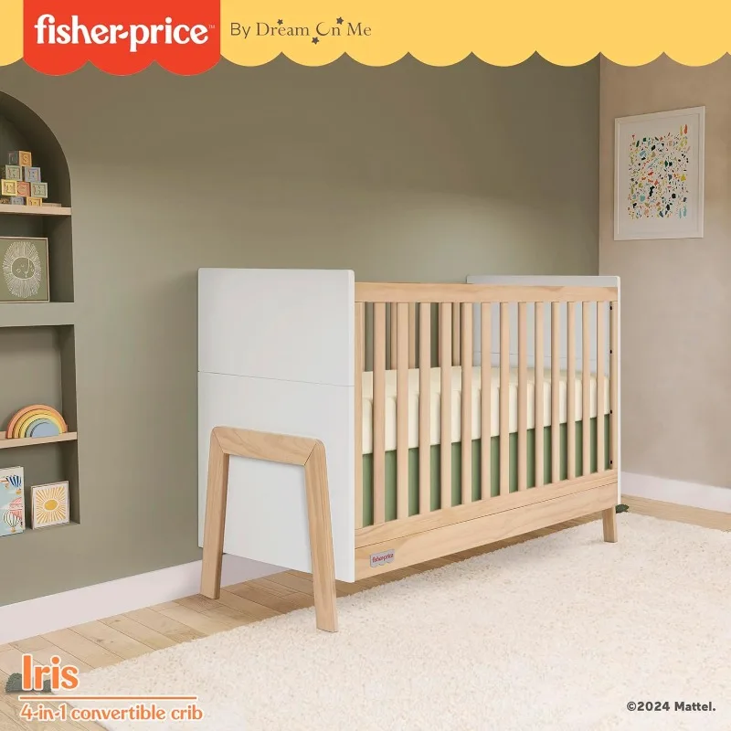 Fisher Price Iris 4-in-1 Convertible Crib in Vintage White Oak, JPMA & Greenguard Gold Certified, Crafted from New Zealand Pine