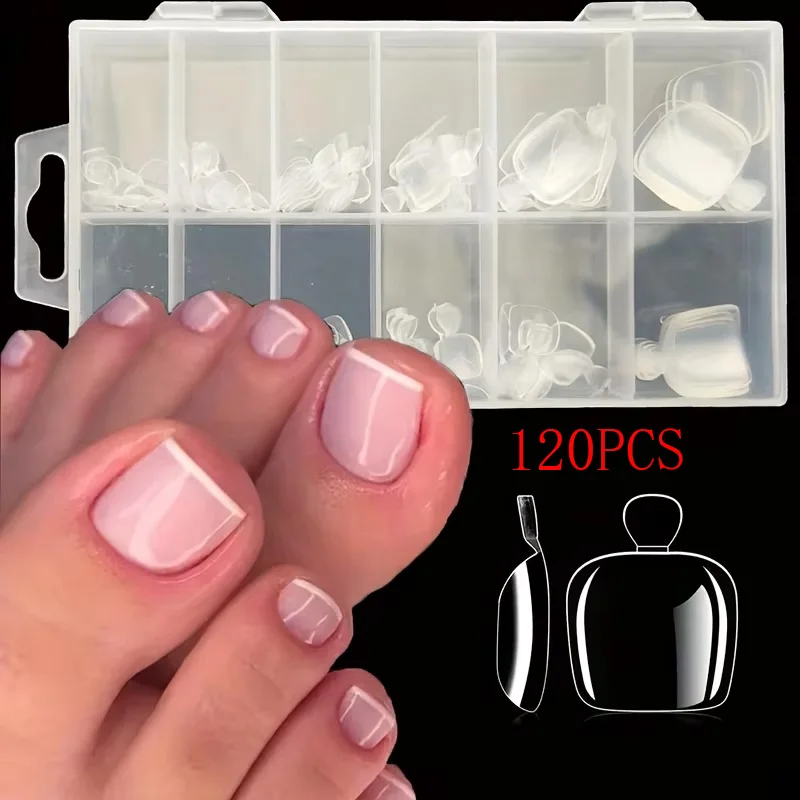 120 Pieces of Transparent Press-On Toenails, Full Set of Short Square Fake Soft Gel Toenail Tips, for Small Toenail Beds