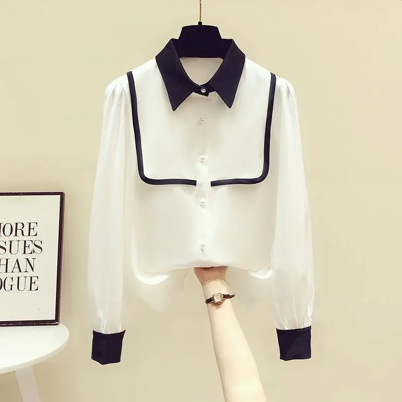 Spring New Contrast Loose Office Blouse Thin Long Sleeve Polo Neck Solid Color Elegant Shirt Tops Fashion Vintage Women Clothing