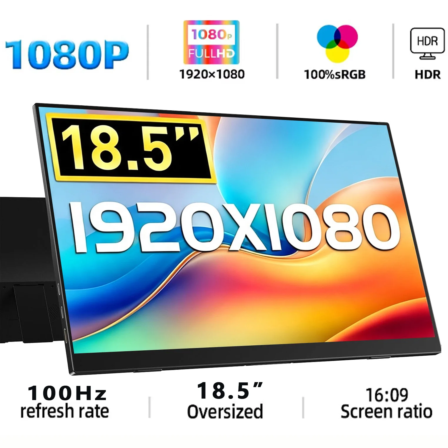18.5 Inch Portable Monitor 100Hz FHD 1920×1080 IPS Screen 100%sRGB Large External Secondary Display for Laptop PC Phone Game
