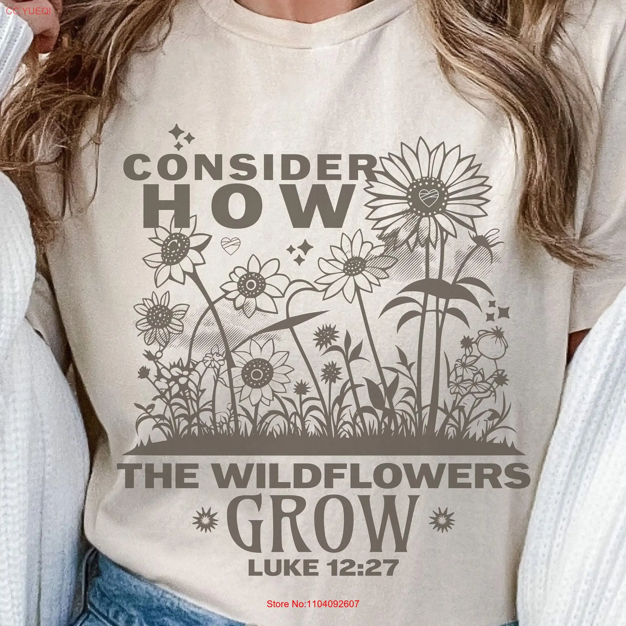 Consider The Wildflowers T Shirt Luke 12 Christian Bible Verse Jesus Apparel Faith Based Clothing long or short sleeves