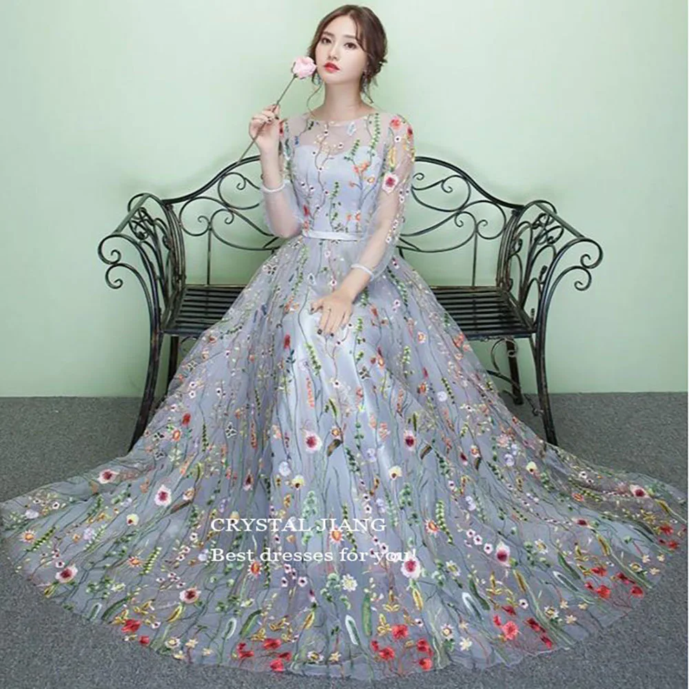 

Fashion Long Sleeves Floral Lace Prom Dresses for Women Custom Made Jewel Collar A Line Long Prom Party Gowns 2024