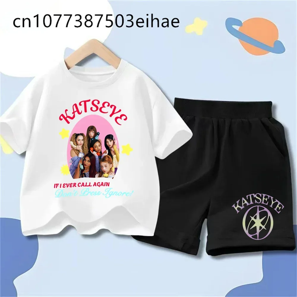 Round Neck Short Sleeve Katseye Girl Group Printed T-shirts Girls Boys Children's Clothing Two Piece Set Fashion Casual Outdoor