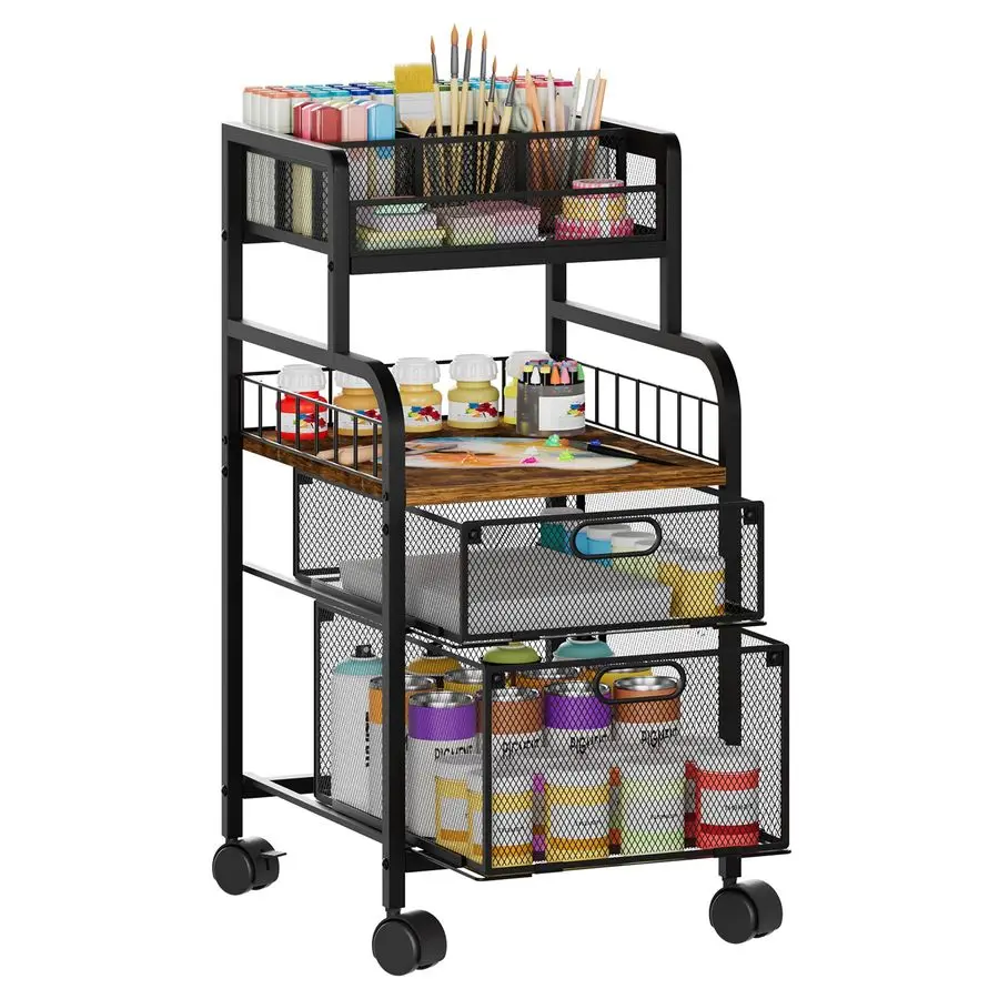 

Rolling Cart with Drawers Metal Utility Cart with Wood Shelf, DIY Divider and Locking Wheels, Craft amp Art Cart Organizer for U