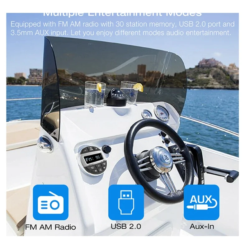 Bluetooth Marine Stereo Boat Radio Waterproof FM AM Digital Media Audio Player For Yacht Gauge ATV UTV Cart Motorcycle