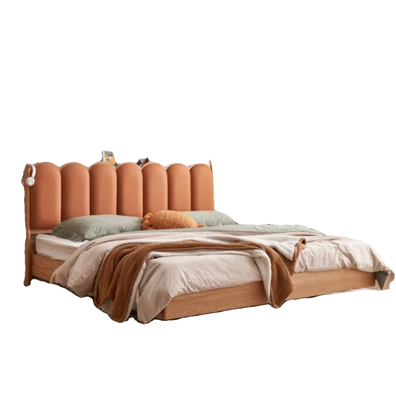 

Light French retro solid wood soft bag bed cream wind wave Japanese log bed master bedroom suspended double bed