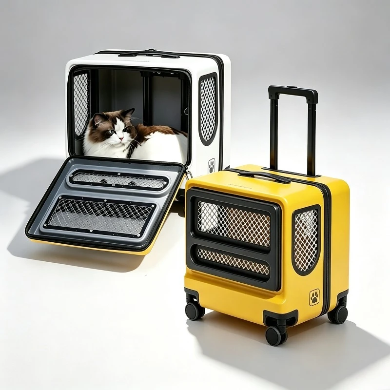 Breathable Cat Rolling Suitcase Wheeled Cat Travel Carrier Retractable Handle Cats Trolley Crate Outdoor Hard Shell Pet Carriers