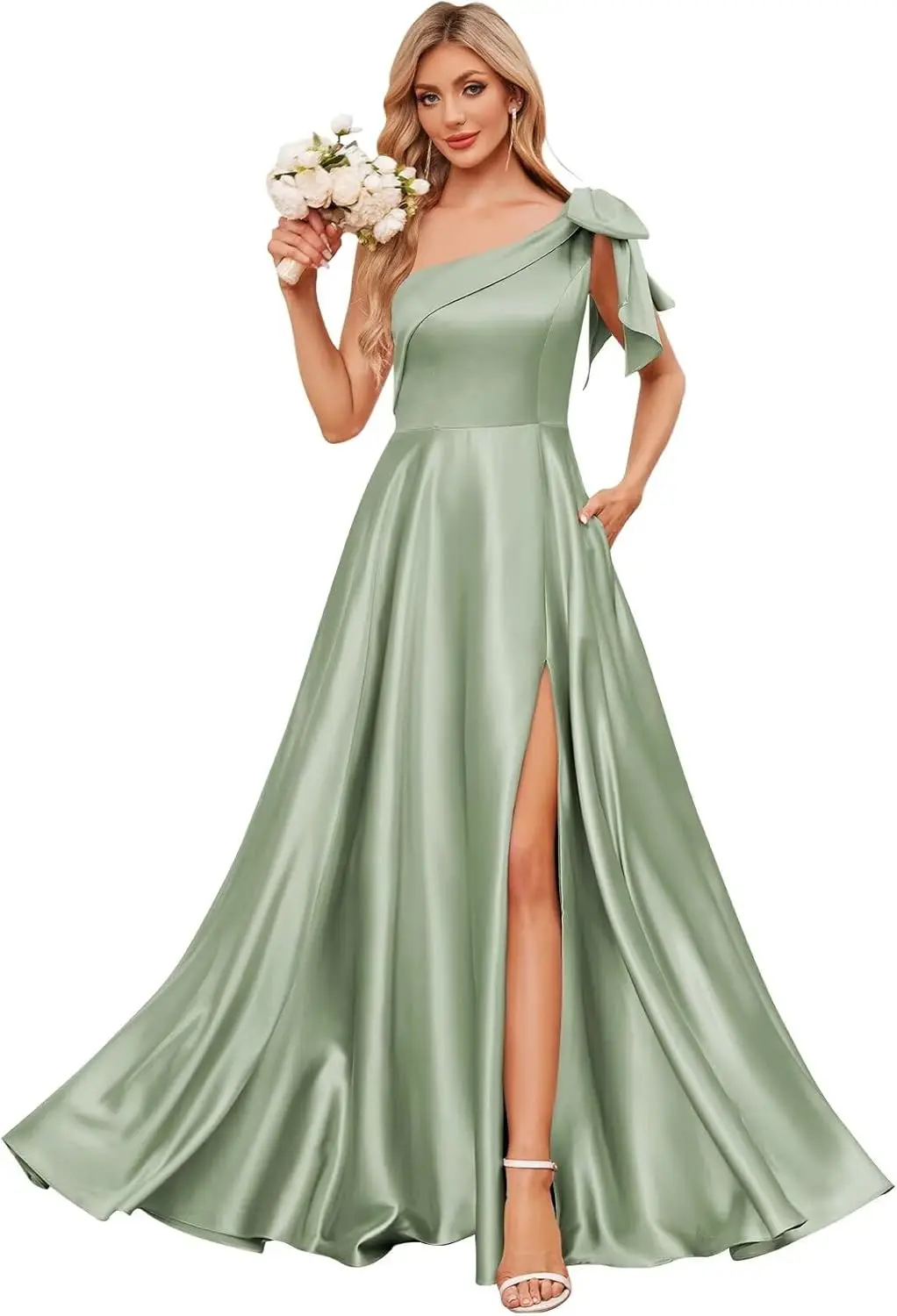 

Sage Green Prom Dress for Women Satin Formal Dresses with Bow One Shoulder Evening Gown Elegant Dress Women for Wedding Party