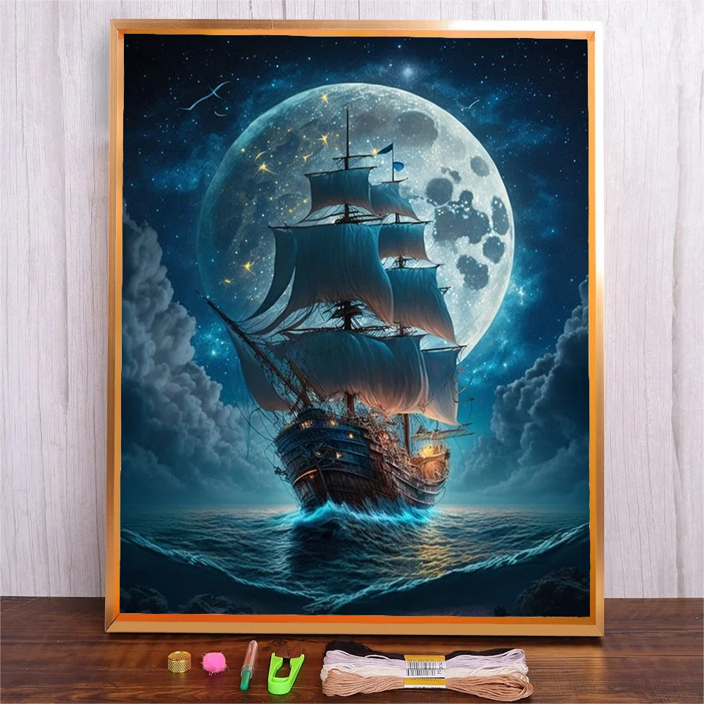 

Adults Cross Stitch DIY Moon Sea Sailboat Prints Embroidery Craft Kit Cross-Stitch Set Needlework Sewing Art Painting Decor Gift