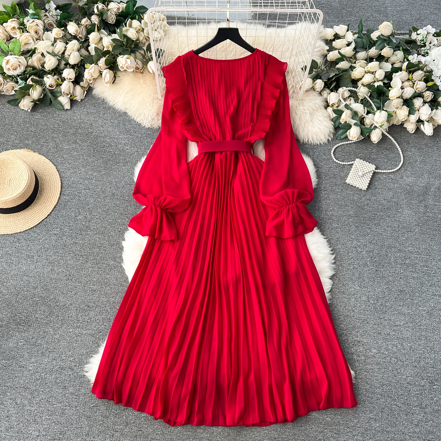 Spring Summer Long Chiffon Dress for Women Lantern Sleeve Ruffle Ruffle Patched Female Vestidos Button Pleated Traf Boho New In