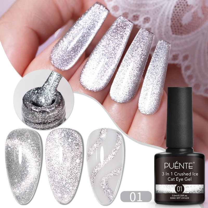 7.5ml 3 em 1 platina gato gel magnético unha polonês diamante reflexivo glitter olho de gato gel embeber fora verniz semi-permanente