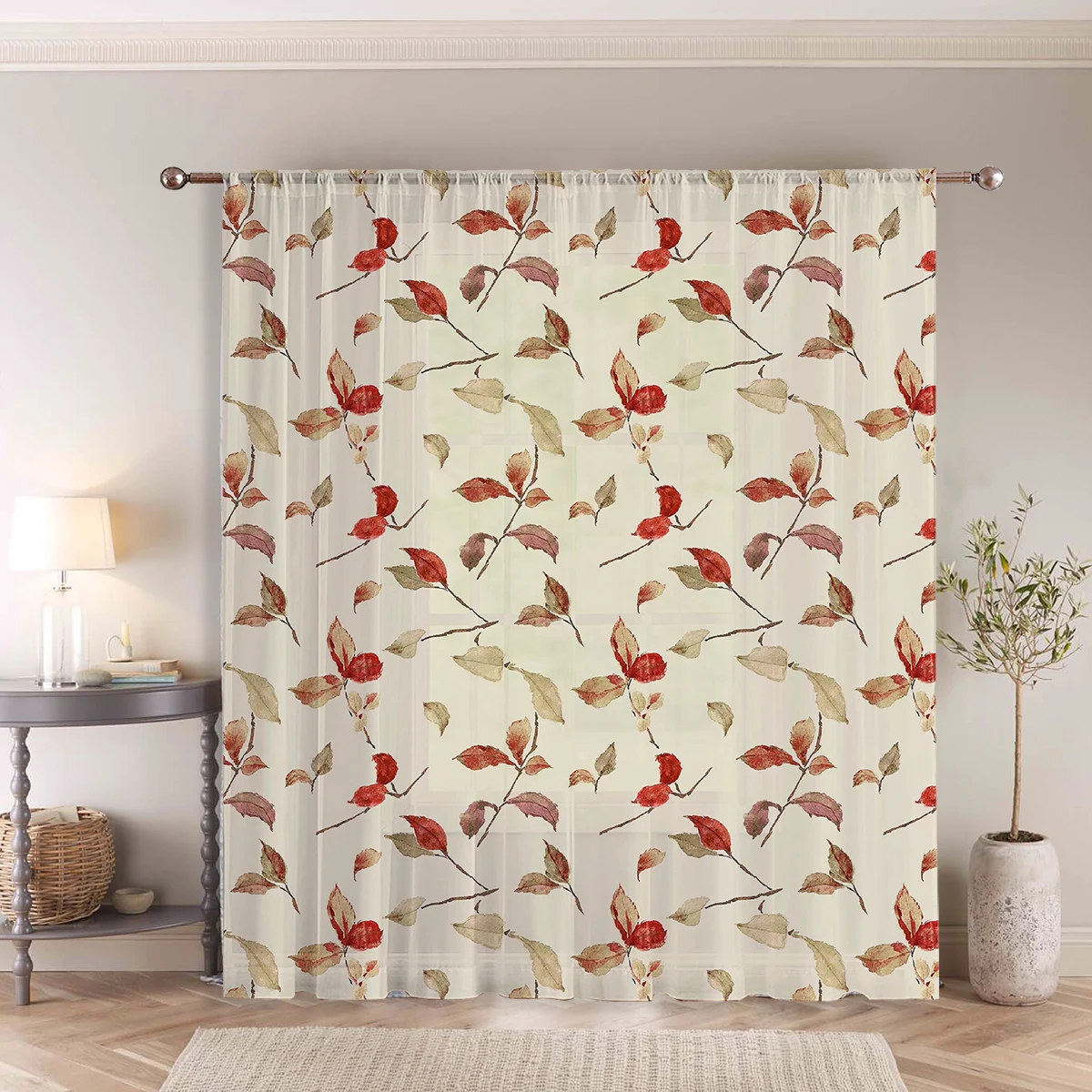 Warm-Toned Autumn Leaf Sheer Curtain - Retro Autumn Style Rod-Pocket Sheer Curtain, Ambient Decorative Sheer Curtain for Living