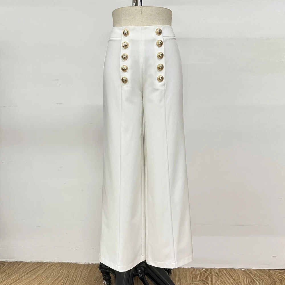 Black and White S-XXL High Quality New Solid Color Front Open Double Breasted Loose Straight Casual Commuter Long Women's Pants