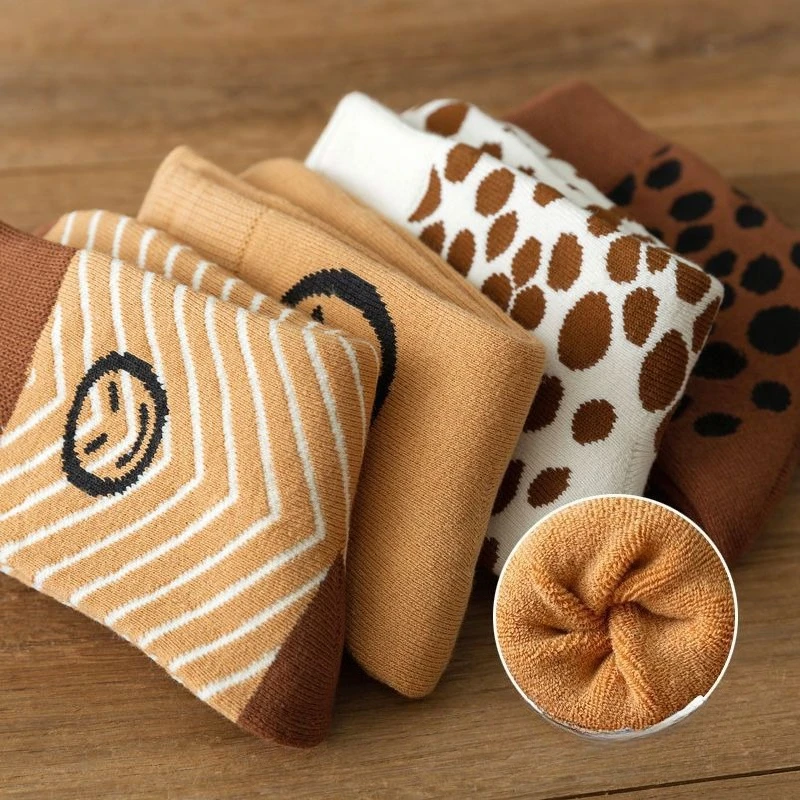 1/4 Pairs Winter Velvet Thickened Warm Looped Towel Socks with College Style Leopard Print Smiling Face Women's Mid Tube Socks