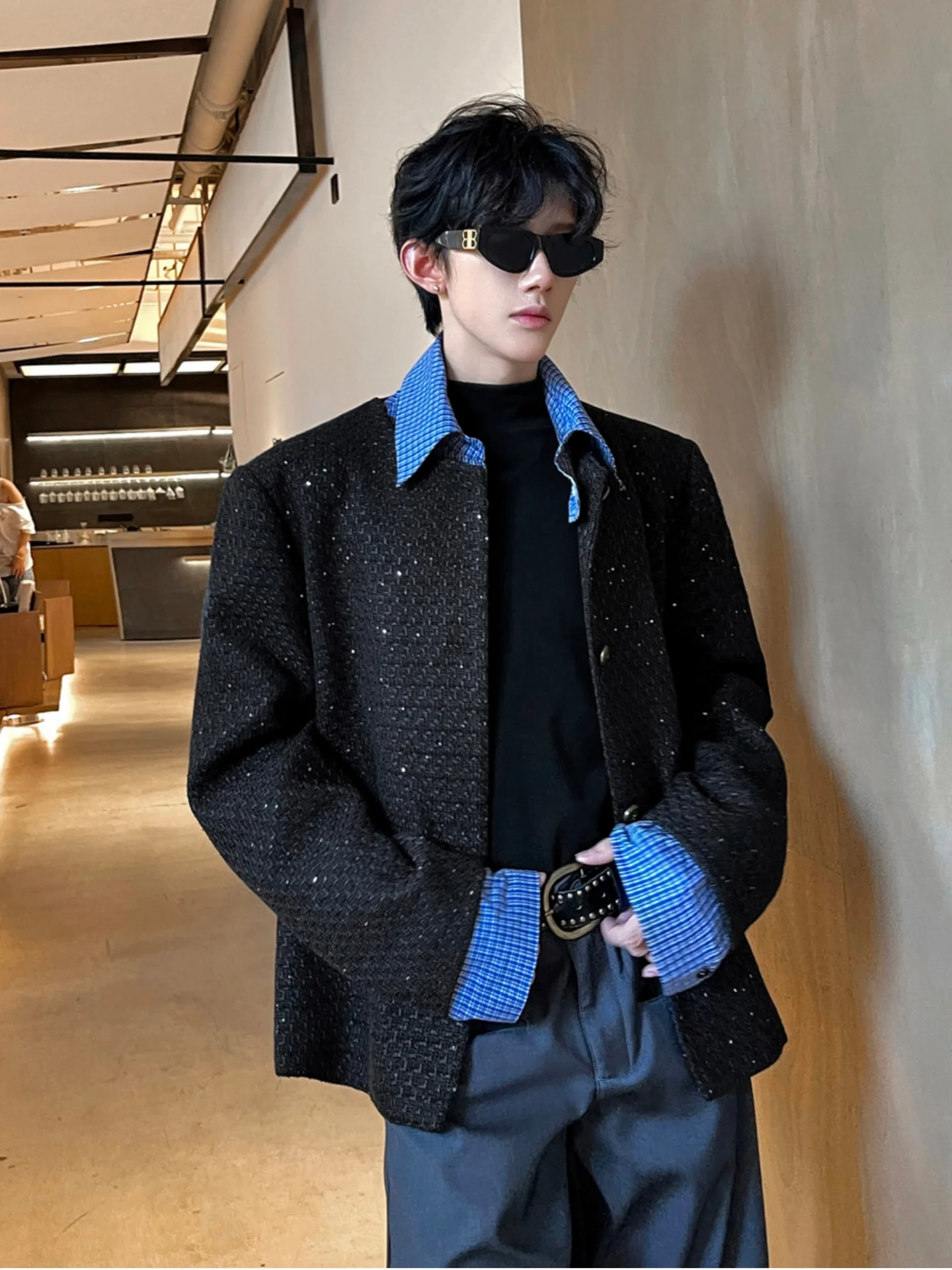 

Мужская куртка в клетку с пэчворком и съемным воротником, свободного кроя, с длинными рукавами, в стиле французского ветрового костюма, молодежная, популярная модель