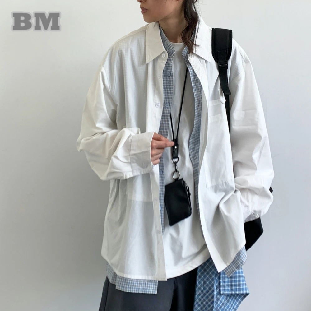 Mens Womens Japanese Vintage Layered Shirt Autumn Lightweight Loose Long Sleeve Preppy Style Casual Simple Streetwear Coat Unise