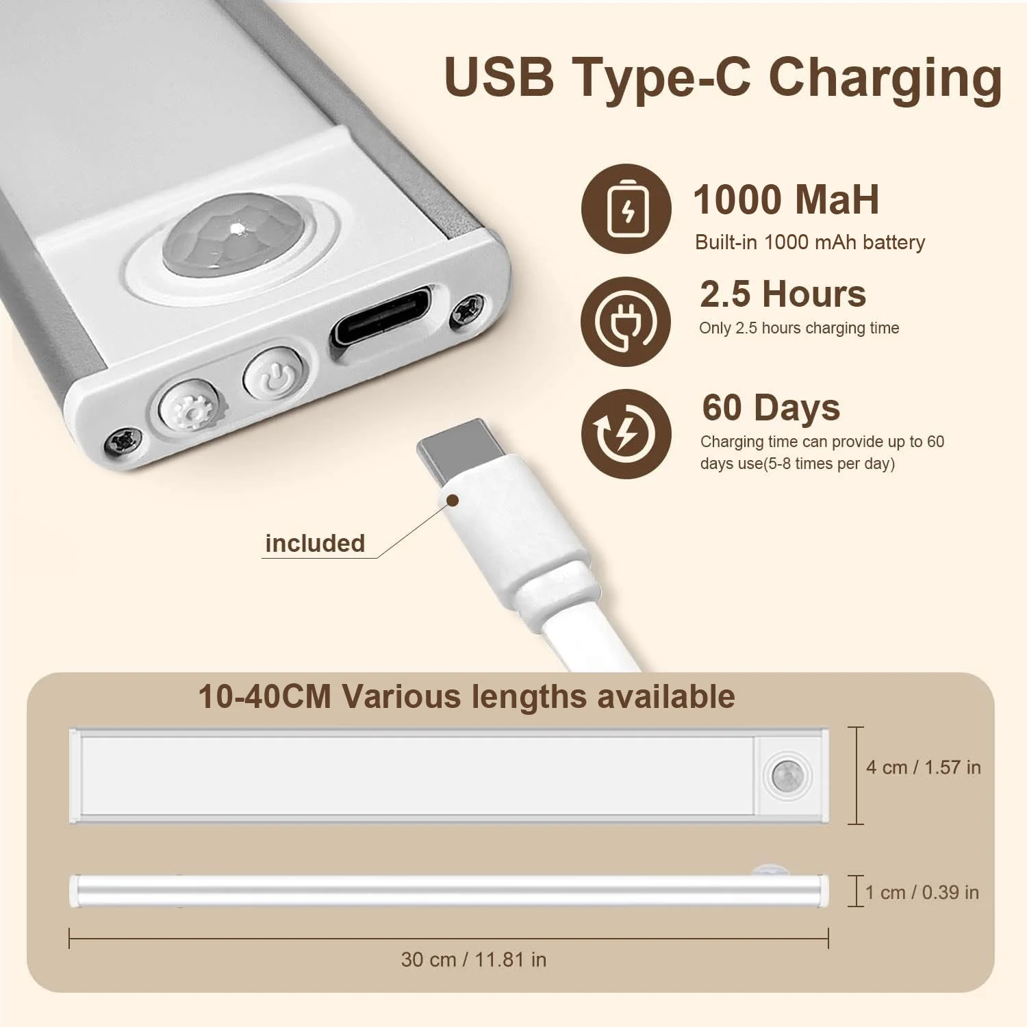Night Light Motion Sensor LED USB Rechargeable 1000mAh Battery Cabinet Lamp 3 Colors Dimming For Bedroom Kitchen Light