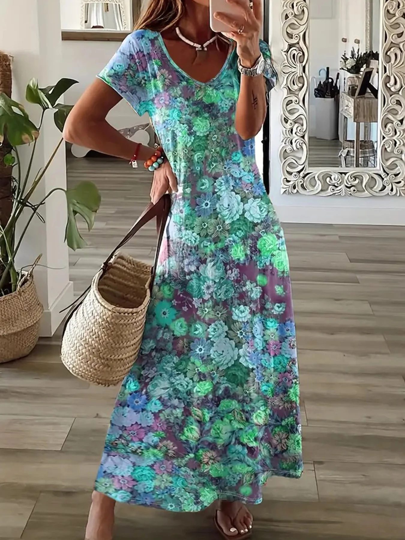 

Women's Bohemian Floral Print Maxi Dress Flowy V Neck Short Sleeve Beach Dresses Holiday Fashion Summer Sundress