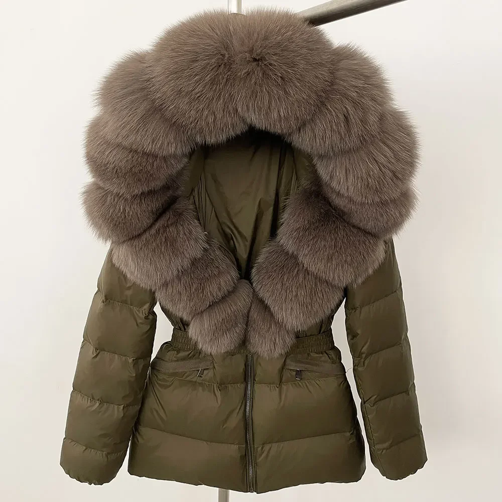2024 Winter Jacket Women Natural Real Raccoon Fox Fur Collar Hooded White Duck Down Coat Belt Thick Warm Casual Outerwear