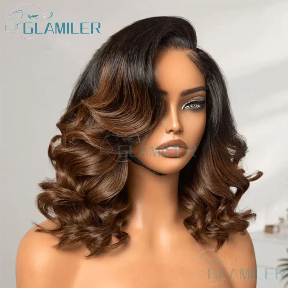 

Loose Wavy Ombre Dark Brown Short Bob Human Hair 13x6/360 Lace Front Wigs Bleached Knots Wavy 5x5 Silk Top Lace Closure Wigs