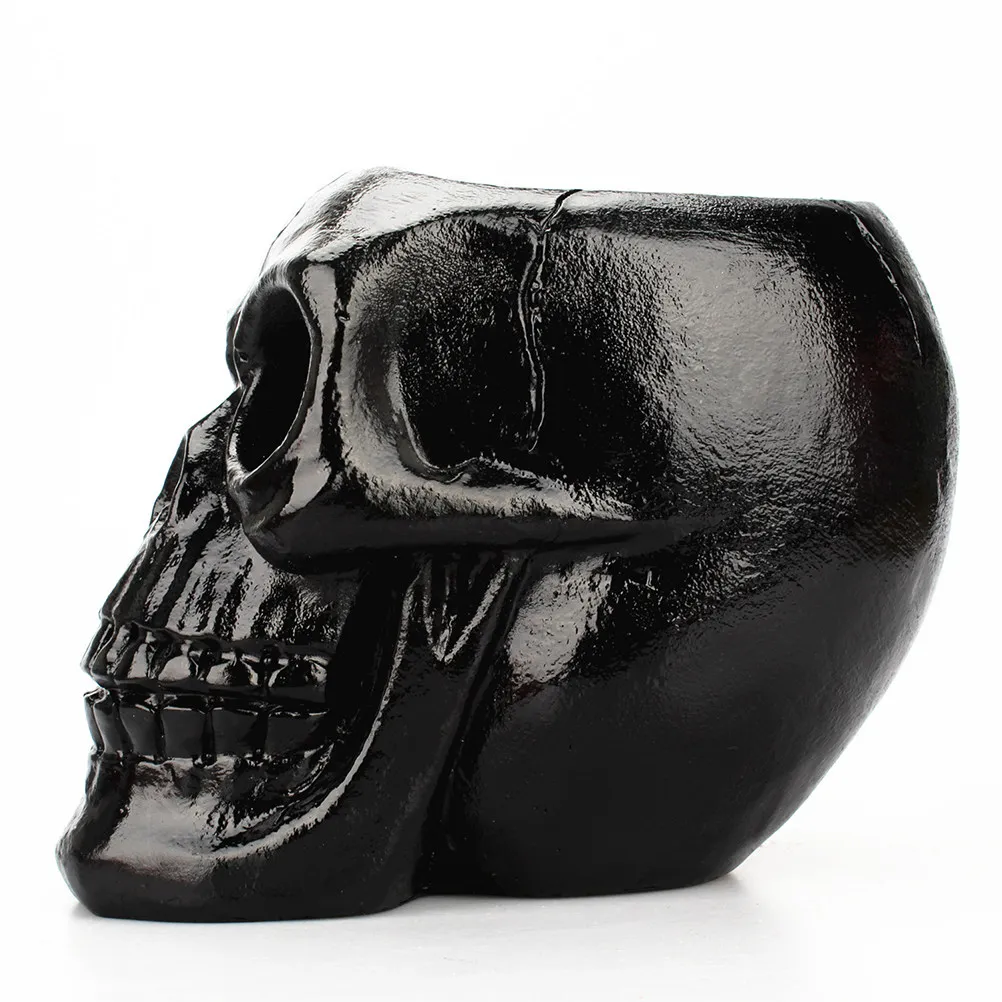 Black Skull Resin Stationery Holder Hand Painted Polished Desktop Organizer for Pens Pencils Makeup Brushes Plants Halloween