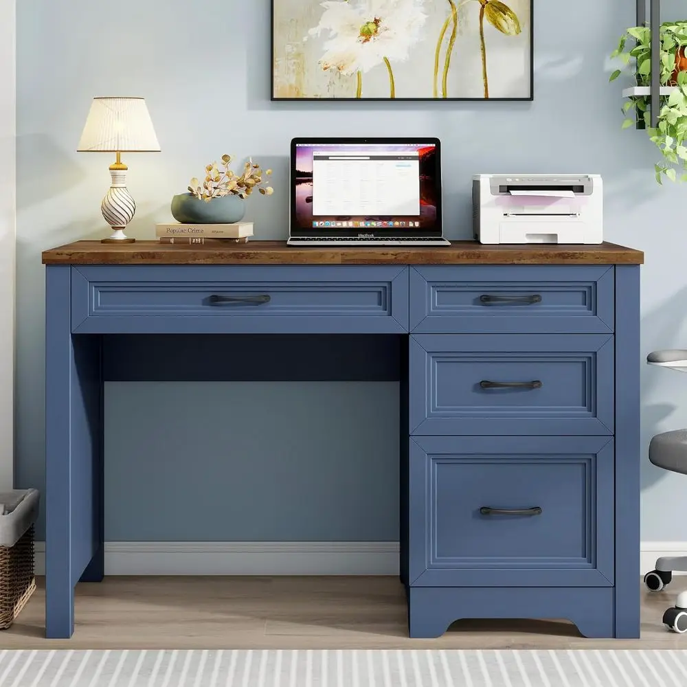 

Elegant Wooden Home Office Desk with Drawers and Storage for Bedroom or Living Room in Blue
