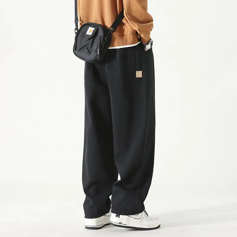 Spring Autumn New Solid Color Elastic Waist Straight Pants Man High Street Pure Cotton Pocket Patchwork Drawstring Y2K Trousers