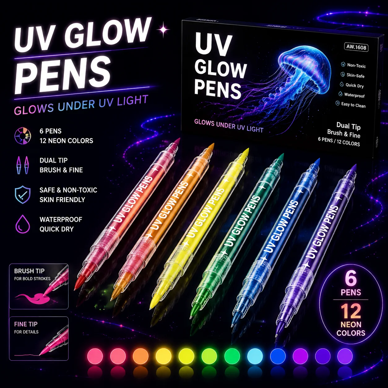 Juego de bolígrafos UV de doble punta de 12 colores, marcadores de luz negra de neón para arte corporal, dibujo y manualidades