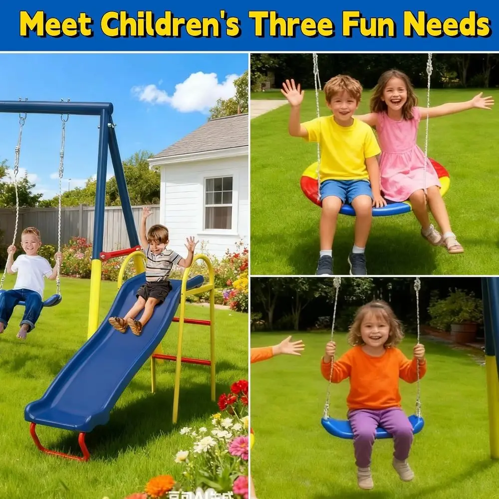 Durable 3-in-1 Metal Swing Set with Slide for Kids' Outdoor Play