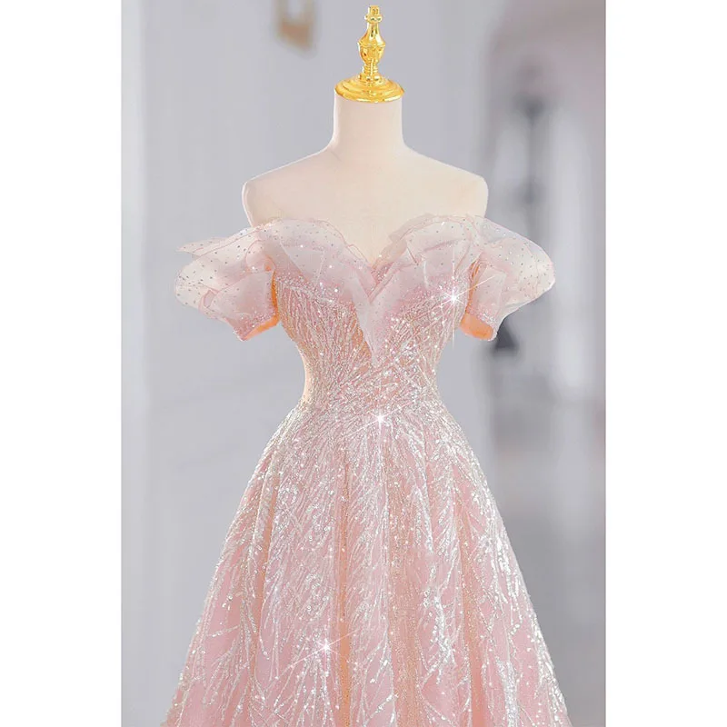 Elegant Pink Fleeing Princess Evening Gown Women's High-End Luxury Engagement Toasting Dress Slimming Long Wedding Dress