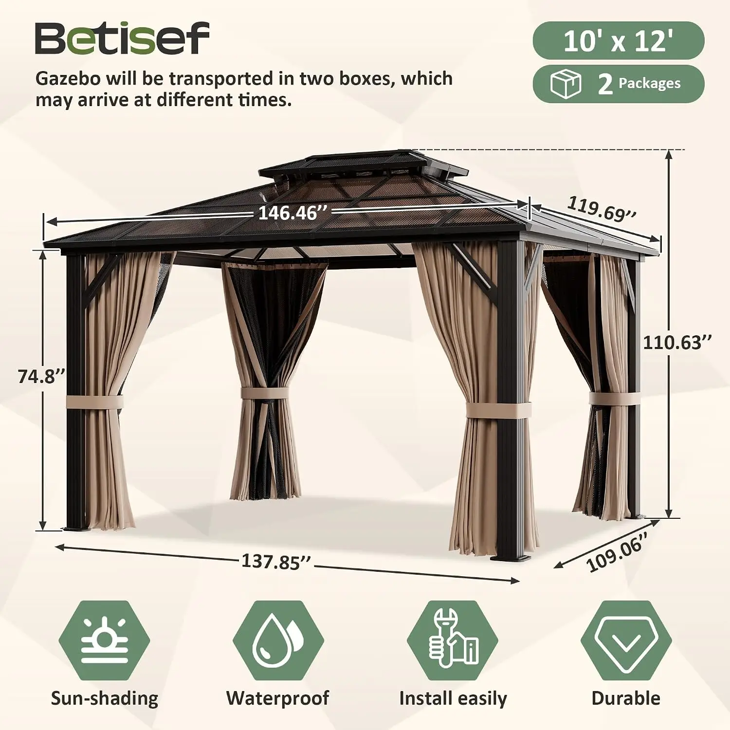10'x12' Aluminum & Polycarbonate Gazebo Dark Brown | Outdoor Hardtop Pergola with Curtains and Netting, Sunshade, Customized