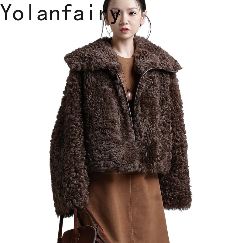 YOLANFAIRY Women Oversized Natural Shearling Coat Genuine Lamb Fur Integrated Jacket Winter Real Sheepskin Leather Fur Coats