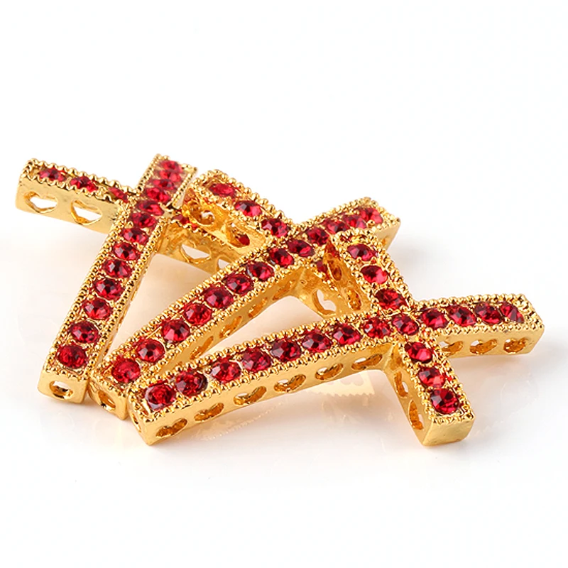 5pcs Red Rhinestone Gold Color Alloy Cross Curved Loose Beads Connector Jewelry Accessories Findings For Makings DIY 24x36mm