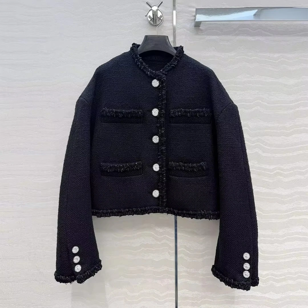 2026 New Autumn Vintage Black Tweed Jacket Women Edge Covering O-neck Drop Shoulder Long Sleeve Loose Pockets Short Design Coat